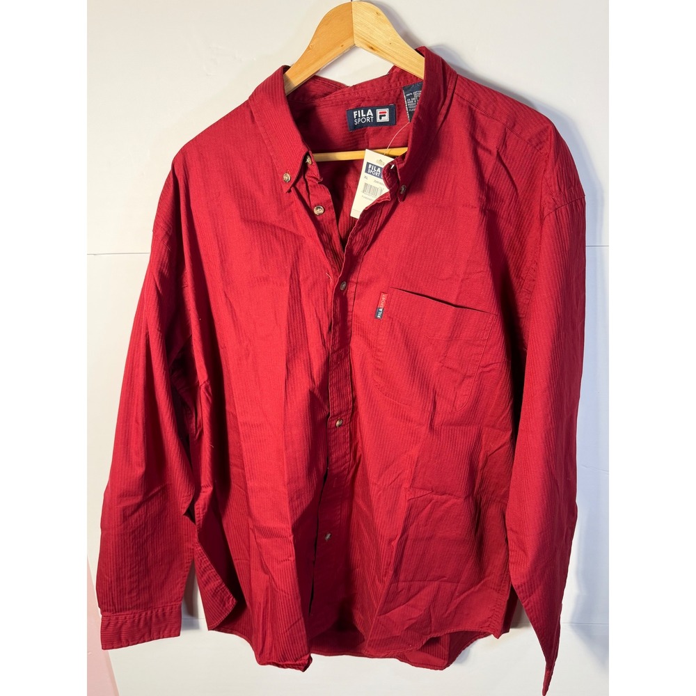 Fila Sport Mens XL Red Herringbone Cotton Long Sleeve Button Down Shirt New